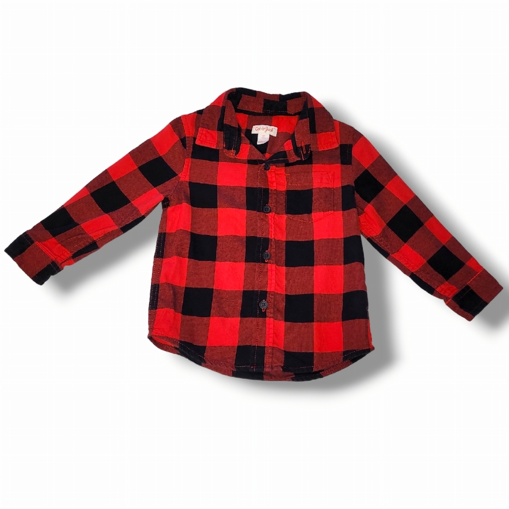Cat & Jack Boys Checkered Flannel Red and Black Long Sleeved Shirt 2T